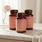 Three bottles of 'Fertility Complete for Her' on a marble surface with a soft, blurred background.