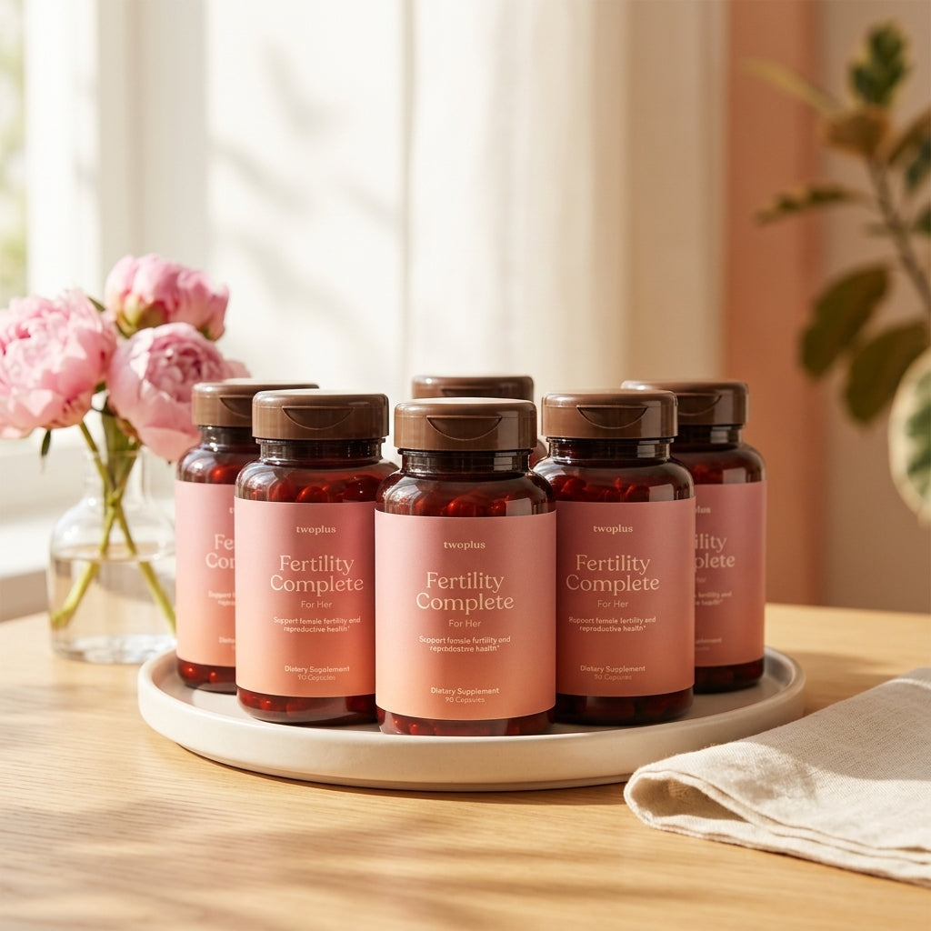 Six Bottles of 'Fertility Complete for Her' supplements on a tray with flowers and a plant in the background.