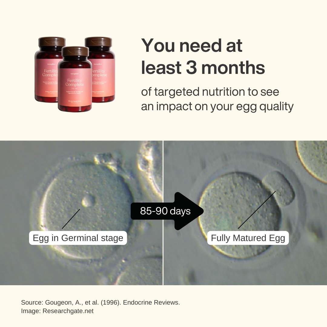 Research shows, consuming 'Fertility Complete for Her' for 90 days provides you targeted nutrition to see an impact on your egg quality.