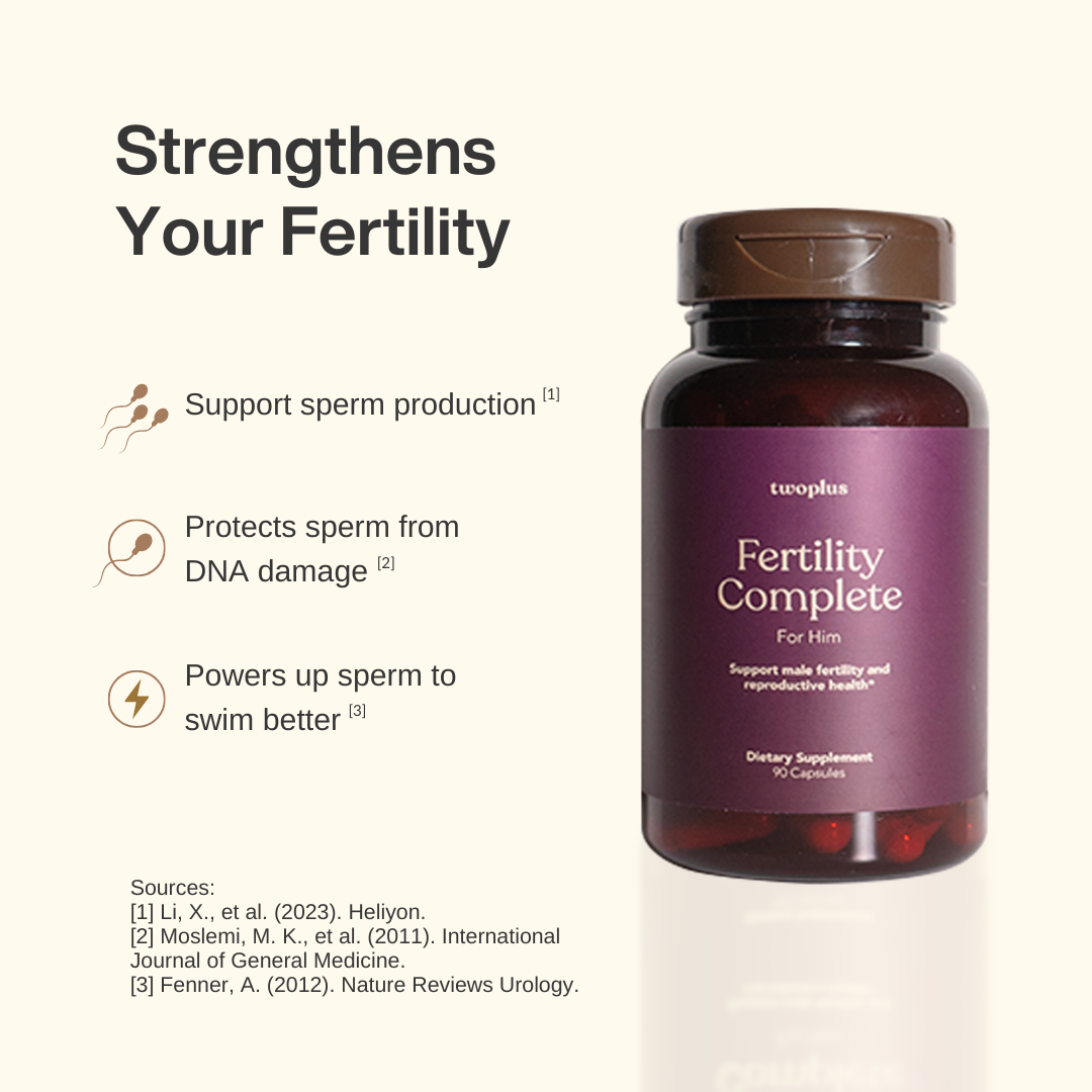 'Fertility Complete for Him' strengthens your fertility by supporting sperm production, protecting sperm from DNA damage, and powers up sperm to swim better.