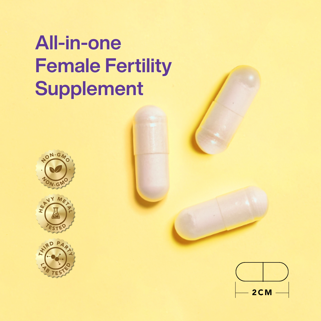 Yellow capsules on a yellow background with text 'All-in-one Female Fertility Supplement' and Non-GMO, Heavy Metal Tested, and Third Party Lab Tested certification logos.