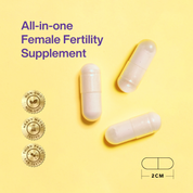 Yellow capsules on a yellow background with text 'All-in-one Female Fertility Supplement' and Non-GMO, Heavy Metal Tested, and Third Party Lab Tested certification logos.