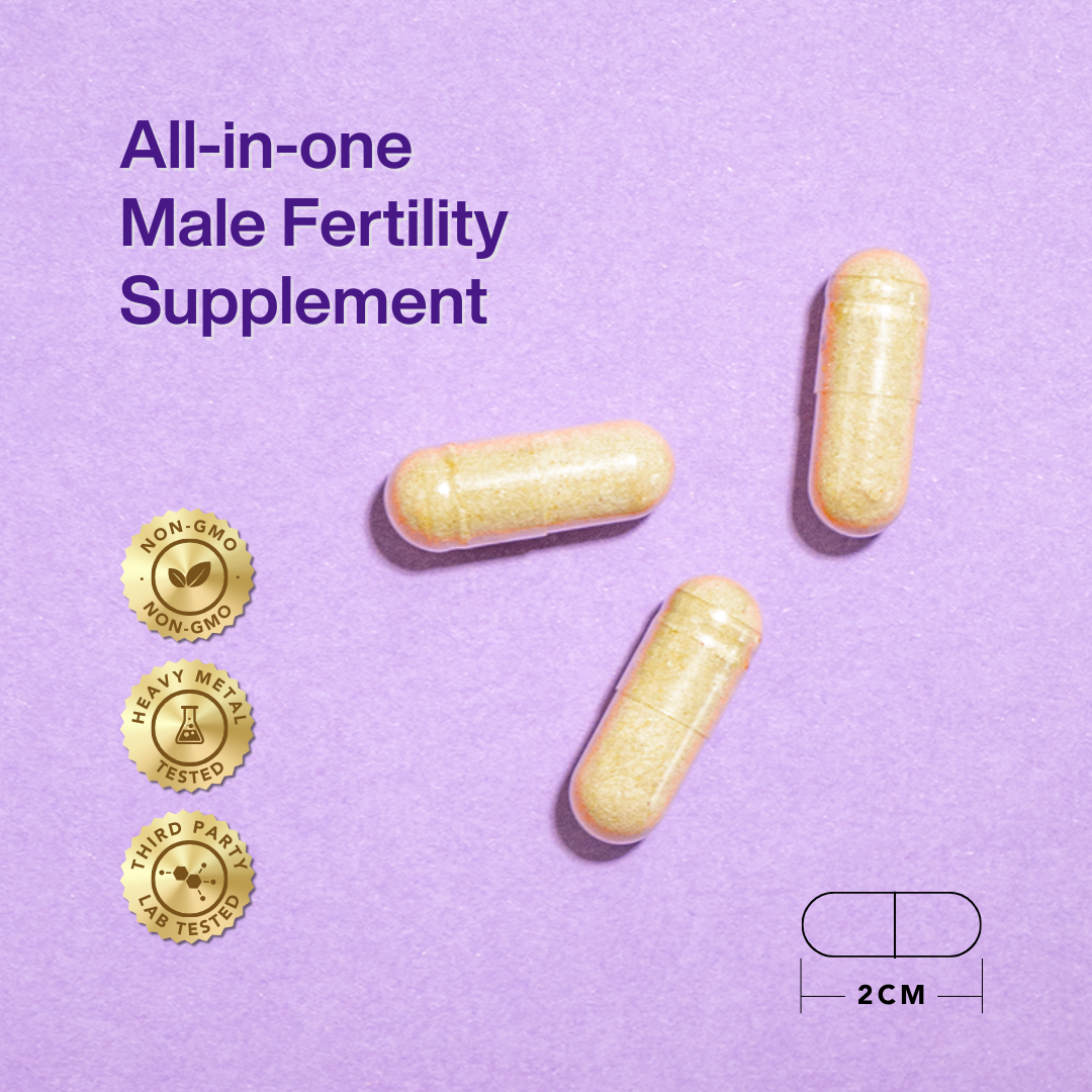Yellow capsules on a purple background with text 'All-in-one Male Fertility Supplement' and Non-GMO, Heavy Metal Tested, and Third Party Lab Tested certification logos.