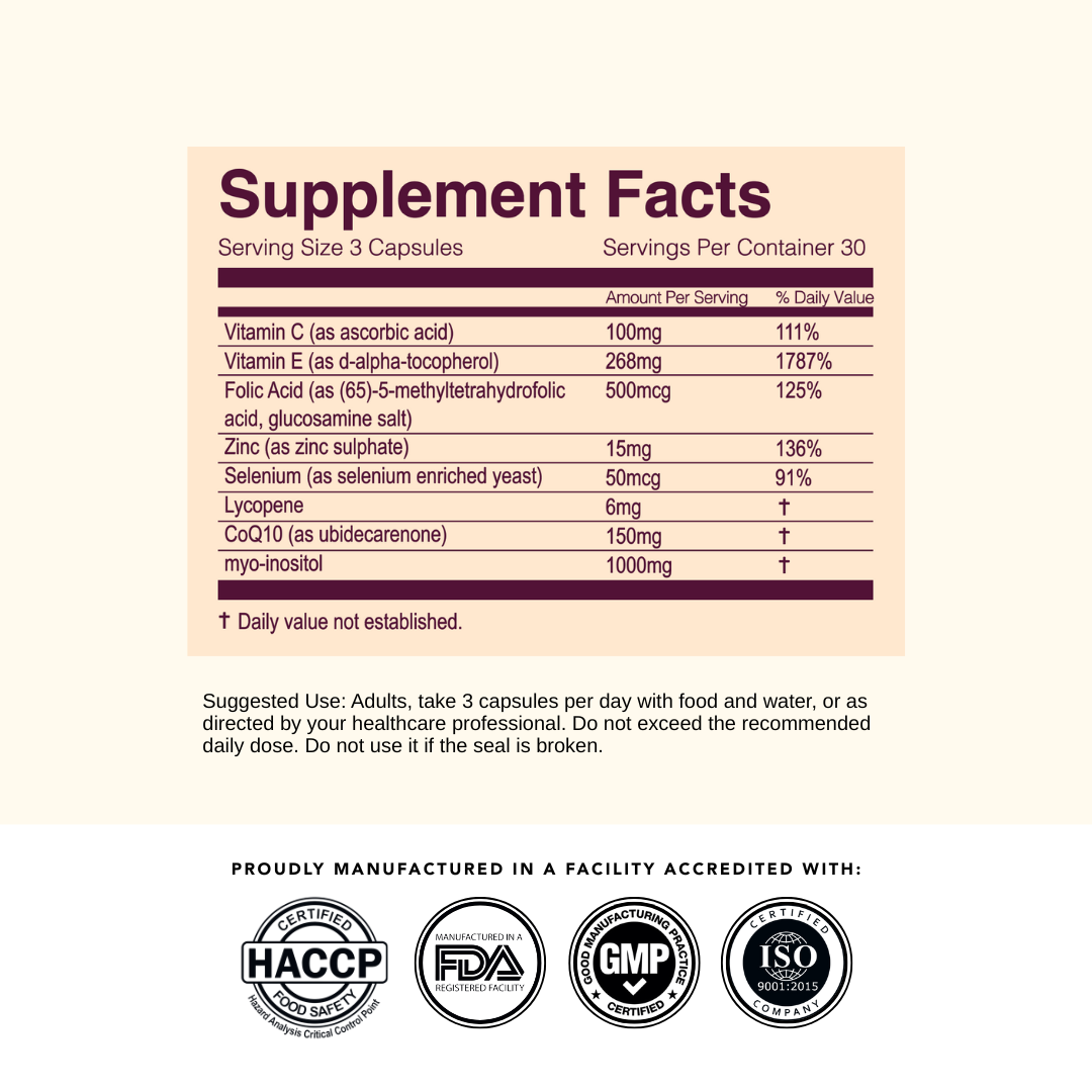'Fertility Complete for Him' Supplement Facts. Suggested for adults to t ake 3 capsules per day with food and water, or as directed by your healthcare professional. Do not exceed the recommended daily dose. Do not use if the seal is broken. 